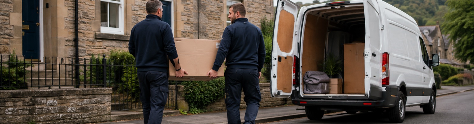Two Coldstream House Clearance staff carrying boxes out to a van outside a house