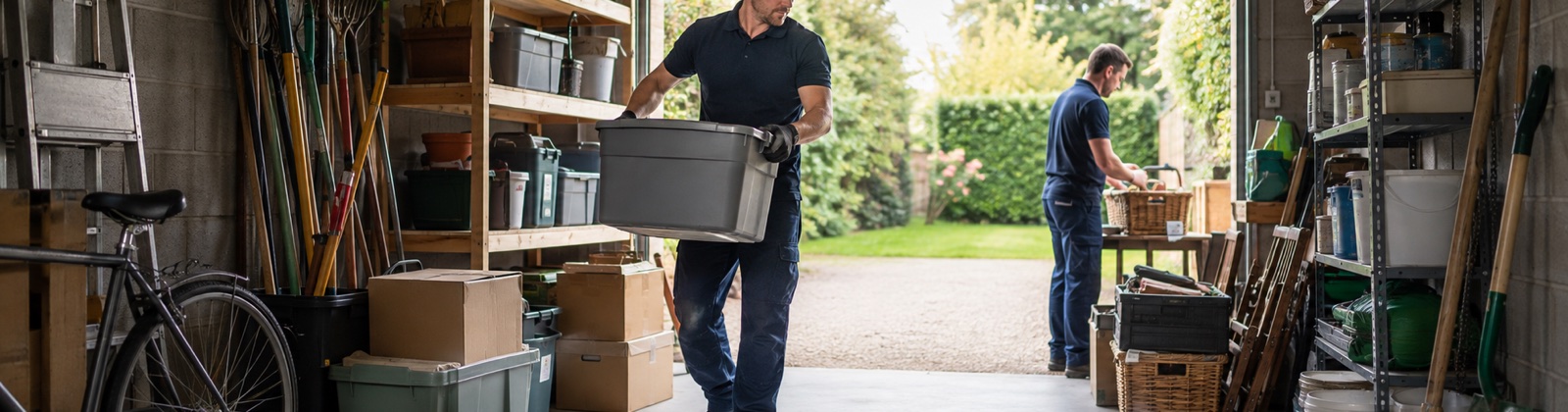 A garage packed with tools, boxes and years of stored clutter being emptied
