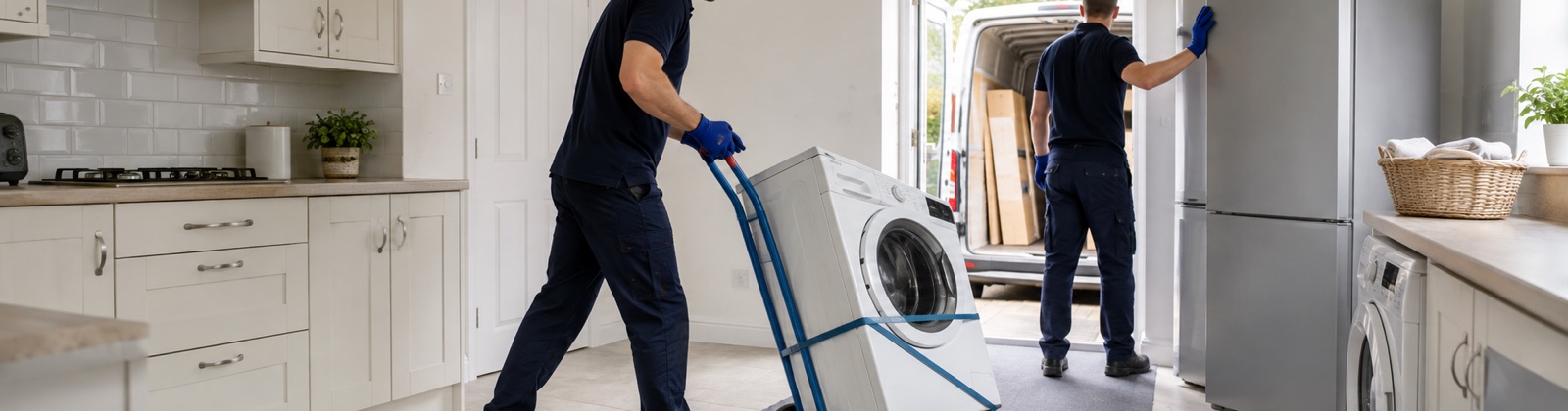 A washing machine being wheeled out of a kitchen during a house clearance
